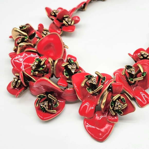 Oscar de la Renta COUTURE red enamel + Swarovski Crystal flower statement piece - Picture 5 of 14